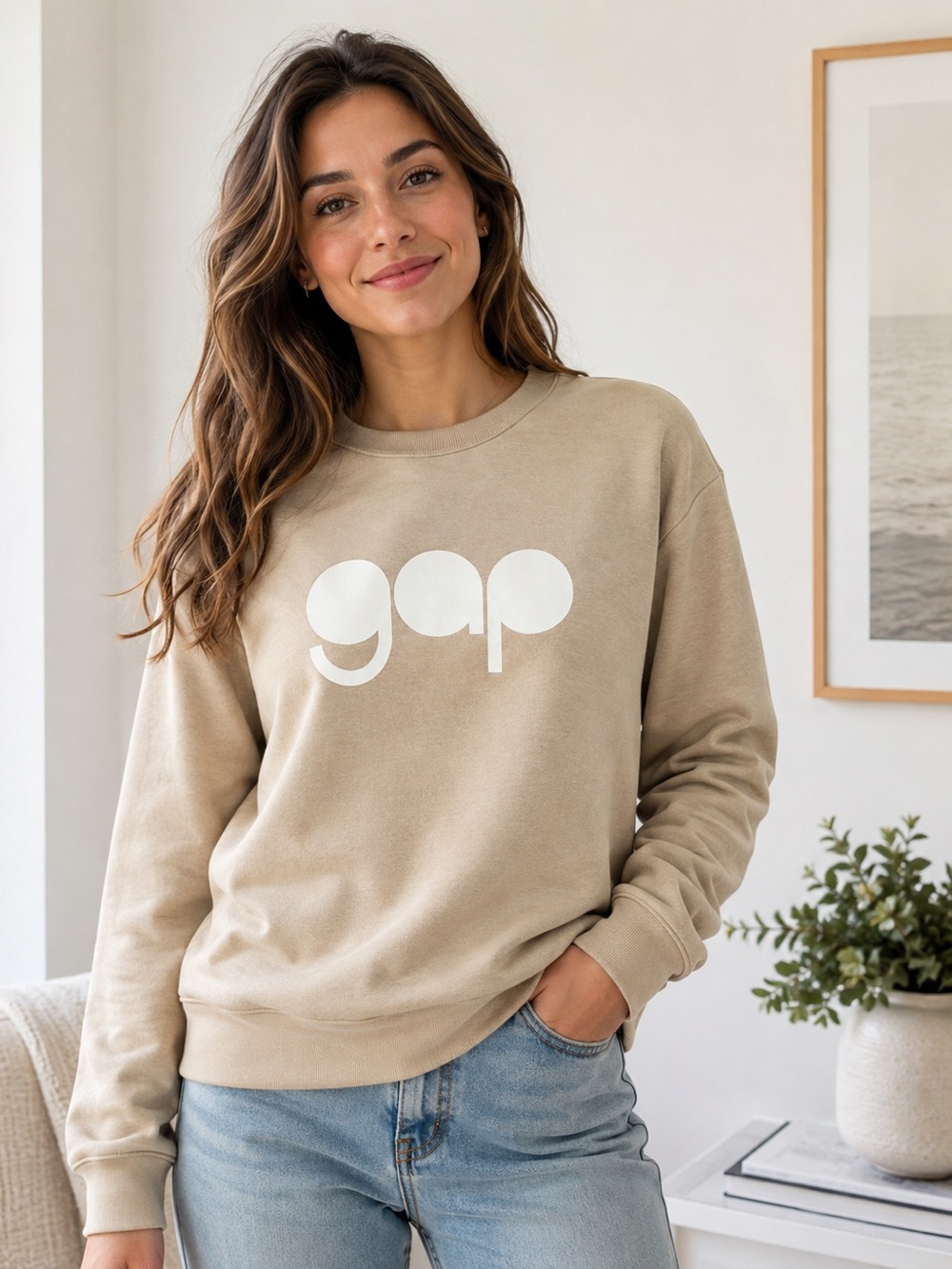 Gap Beige Logo Crewneck Sweatshirt Neutral Minimalist Medium
